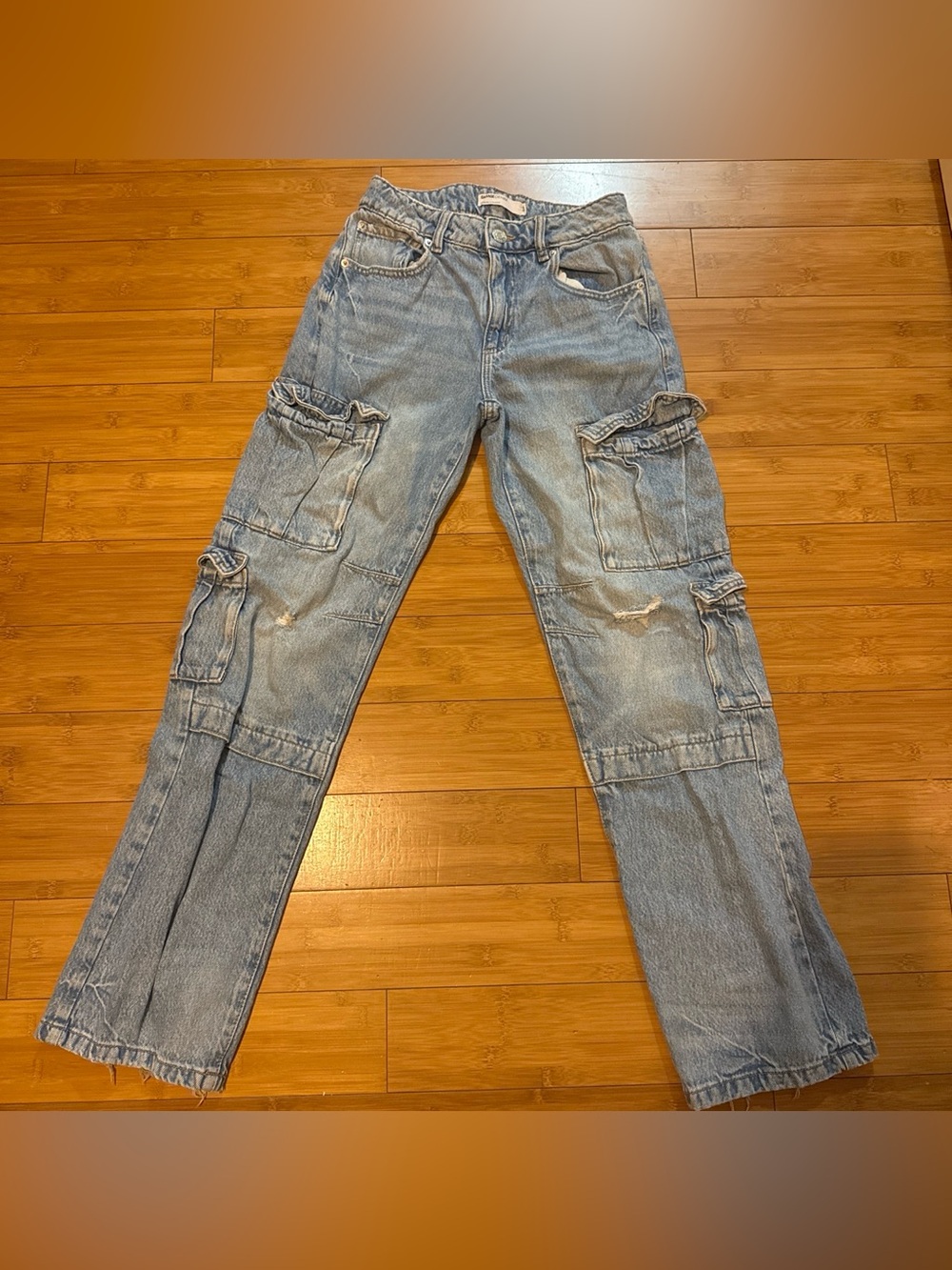 Light Wash Distressed Cargo Jeans